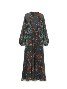 Mango Black Floral Maxi Dress | Sheer Long Sleeve | Romantic Ruffle Hem | XS